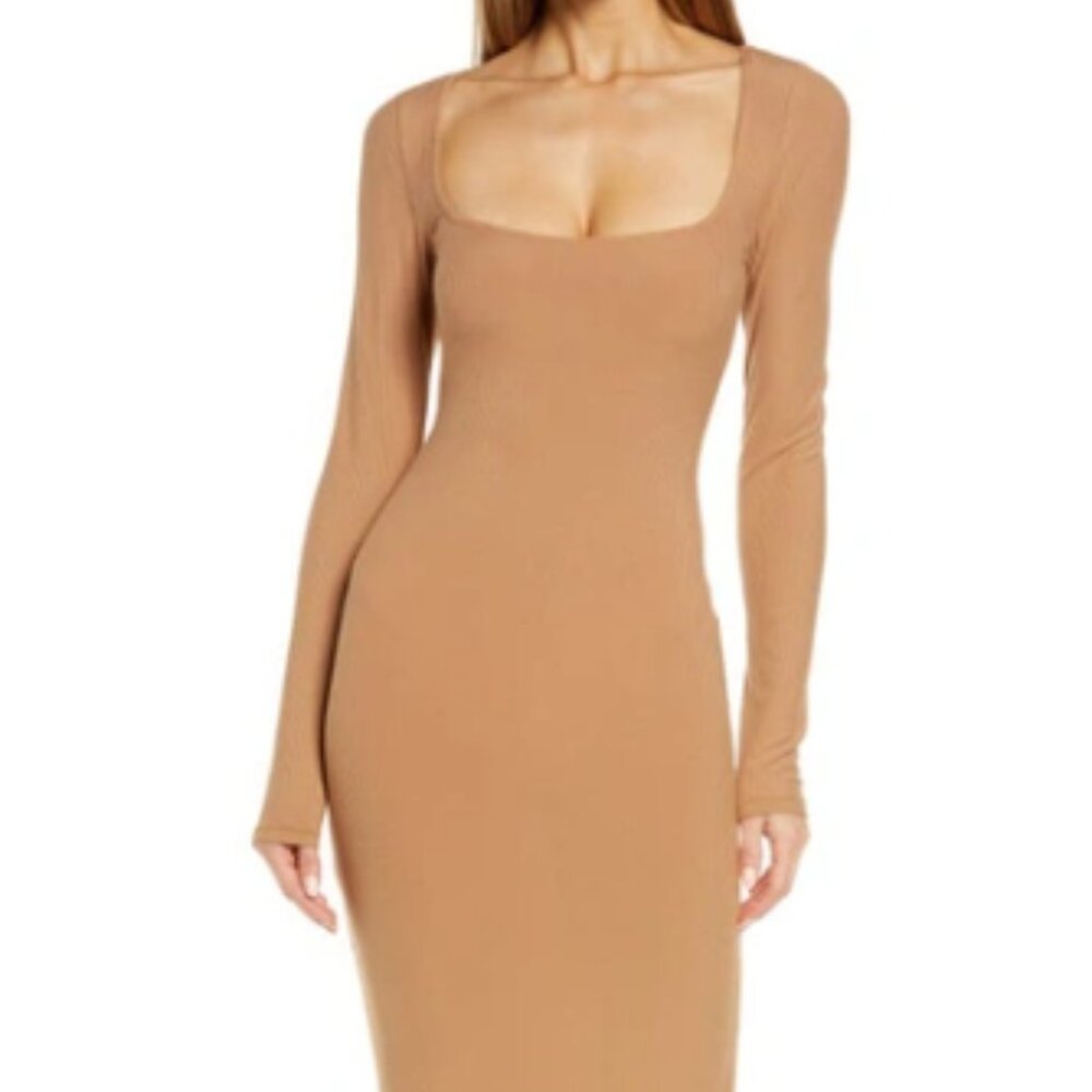 SKIMS Soft Lounge Long-Sleeve Dress Camel , X-Small   NWT